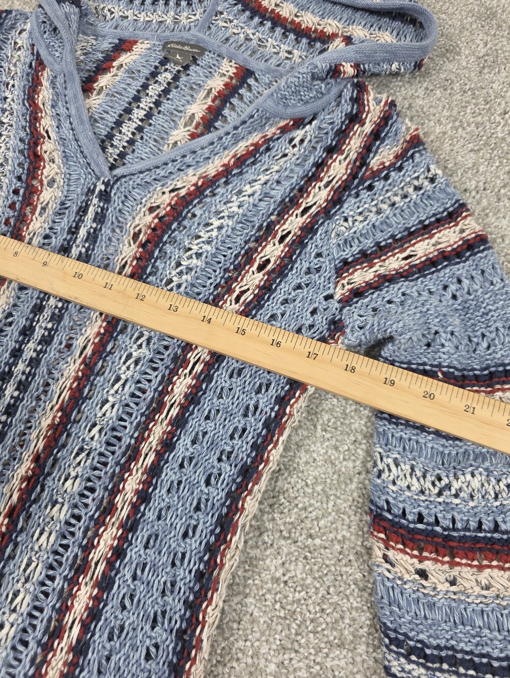 Eddie Bauer Striped Hooded Knit Sweater in Light Blue, Red, Navy, Cream - Picture 9 of 13